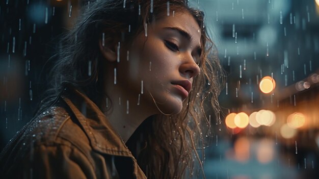 Une femme regarde par la fenêtre dans une nuit pluvieuse.