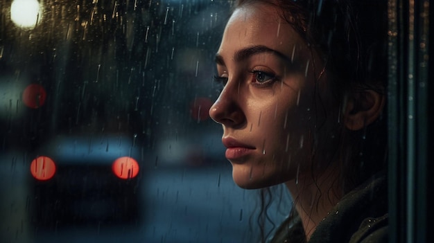 Une femme regarde par la fenêtre la nuit avec des gouttes de pluie sur son visage.