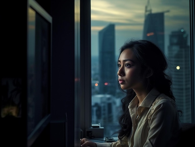 Une femme regarde par la fenêtre la nuit