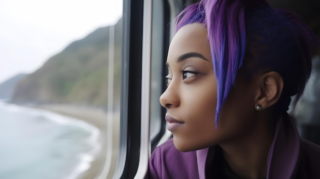 Une femme regarde par la fenêtre d'un train et regarde par une fenêtre.