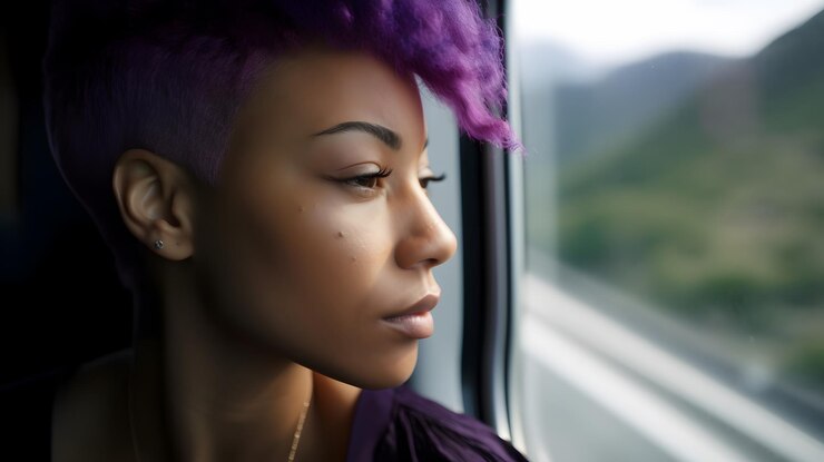 Photo une femme regarde par la fenêtre d'un train.