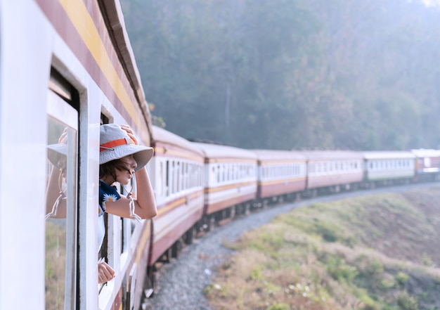 Femme regarde par la fenêtre voyageant en train