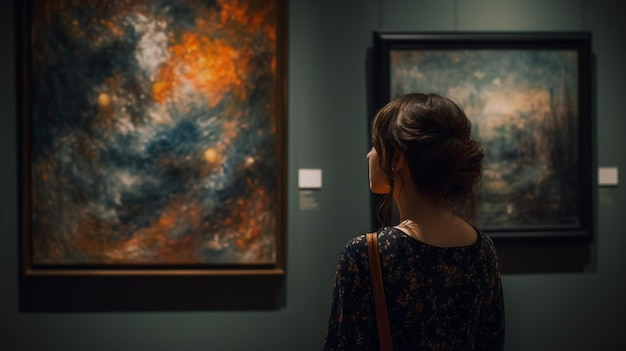 Une femme regarde des peintures dans un musée.