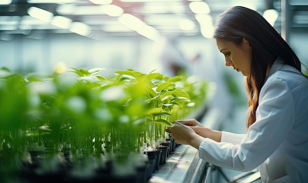 Une femme regarde des plantes dans une serre.