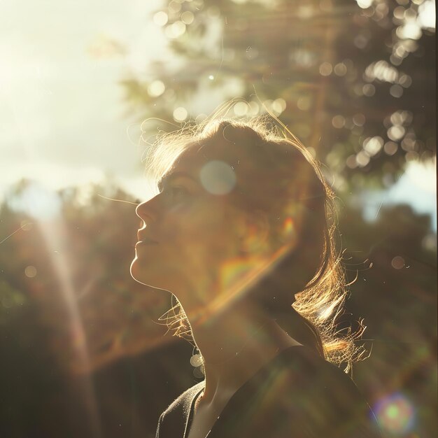 Photo une femme regarde le soleil par une fenêtre