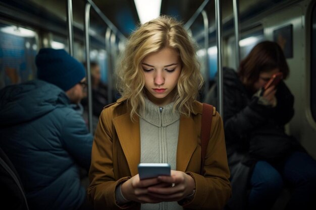 Une femme regarde son téléphone tout en portant une veste.