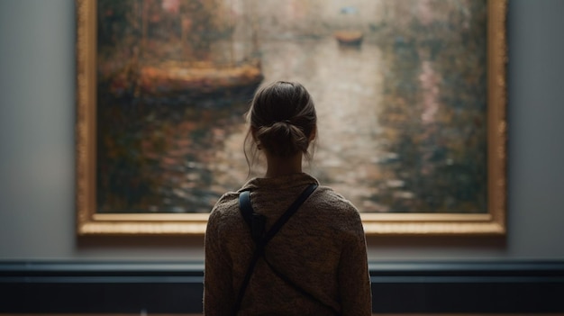 Une femme regarde un tableau dans un musée