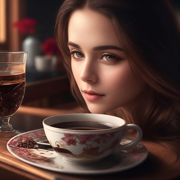 une femme regarde une tasse de café