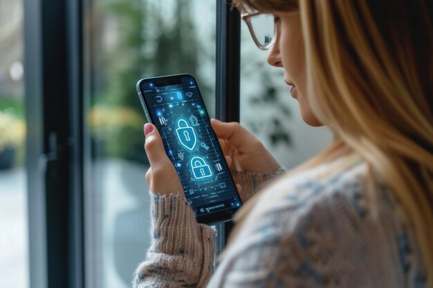 Une femme regarde un téléphone portable verrouillé