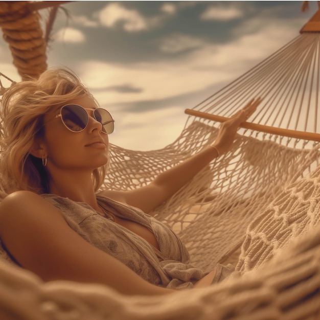 Photo femme relaxante dans un hamac sur la plage concept de vacances d'été