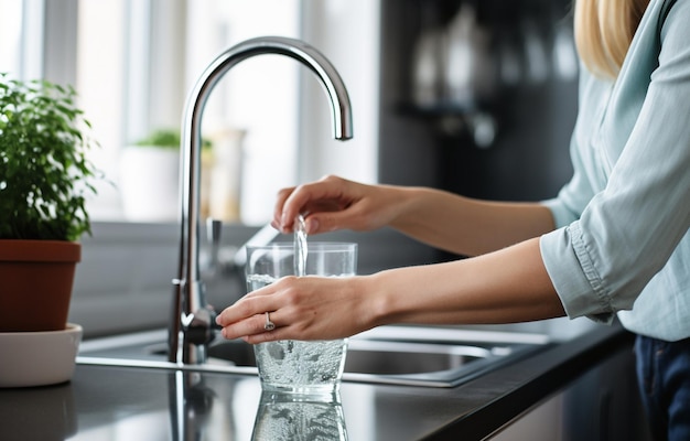 Femme remplissant le verre avec de l'eau du robinet du robinet dans la cuisine en gros plan