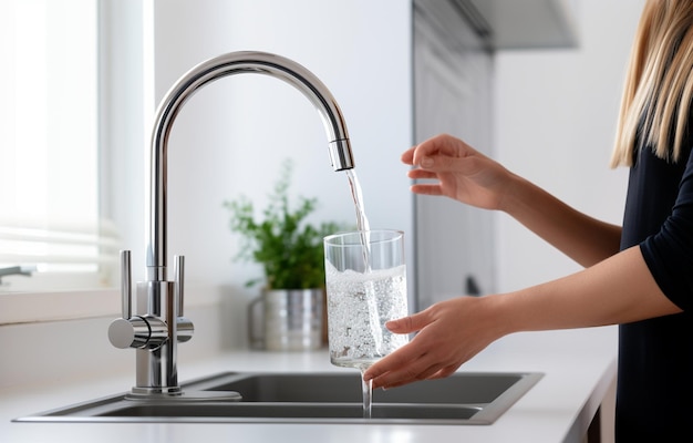 Femme remplissant le verre avec de l'eau du robinet du robinet dans la cuisine en gros plan