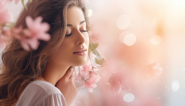 Une femme reniflant une branche fraîche avec un concept de printemps en fleurs