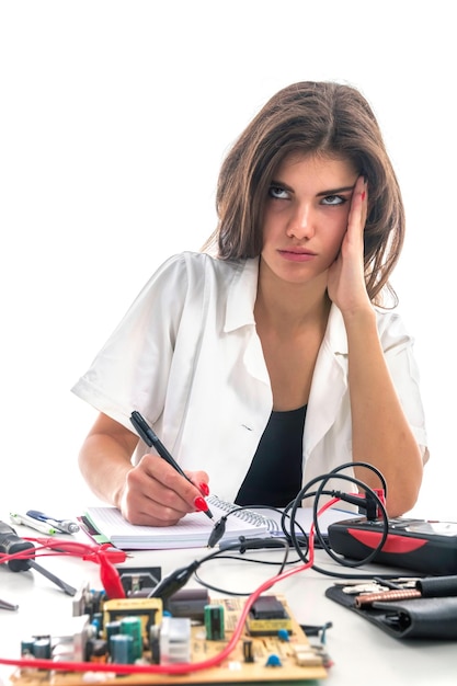 Femme réparant une partie de l'ordinateur, concept de problèmes, problèmes de centre de service. Service de réparation électronique.