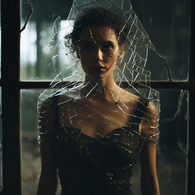 Photo une femme représentée dans un verre brisé