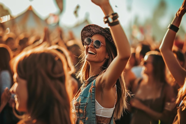 Une femme respirant la joie et la liberté lors d'un festival de musique dansant parmi une foule avec des reflets solaires renforçant l'atmosphère festivexA