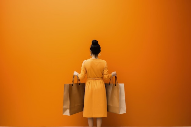 Femme de retour avec concept de vente de sac à provisions fond orange illustration numérique IA générative