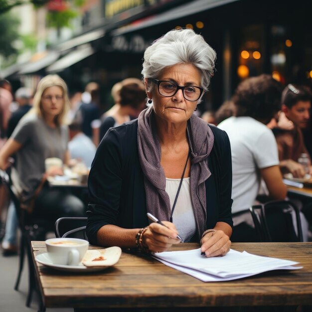 Photo femme à la retraite écrit à une table de café