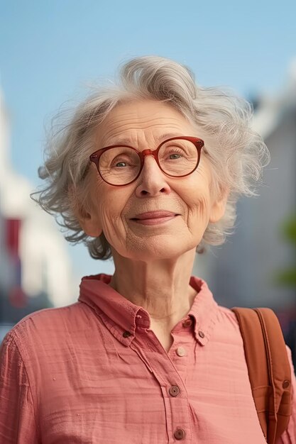Femme à la retraite avec des lunettes et des cheveux gris courts à l'extérieur