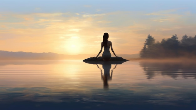 Femme rétro-éclairée dans la pose de yoga au lever du soleil calme Zen génératif AI weber d'image