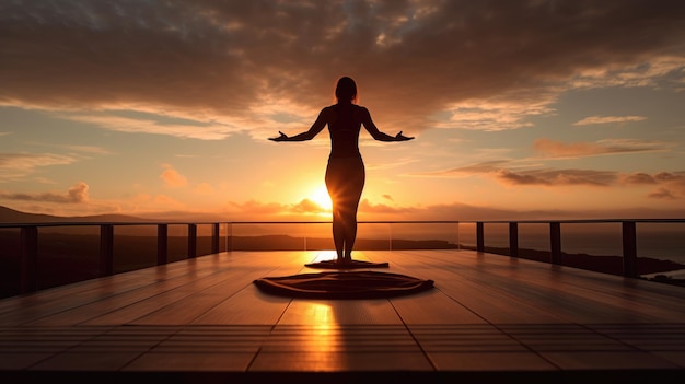 Photo femme rétro-éclairée dans la pose de yoga au lever du soleil calme zen génératif ai weber d'image