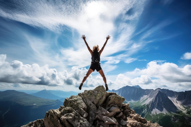 Femme réussie sautant au sommet d'une montagne avec des nuages en arrière-plan