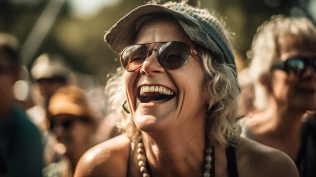 Une femme riant dans une foule avec un chapeau.