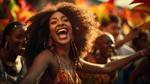 Femme riant et dansant dans une foule joyeuse célébration et rassemblement social