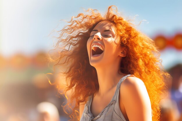 Une femme riant avec sa bouche ouverte et ses cheveux au vent