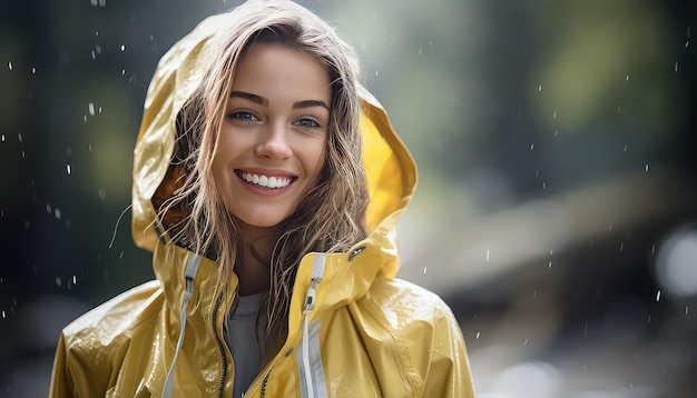 Une femme riant sous la pluie dans une veste imperméable et une cape 8 mars Journée mondiale de la femme
