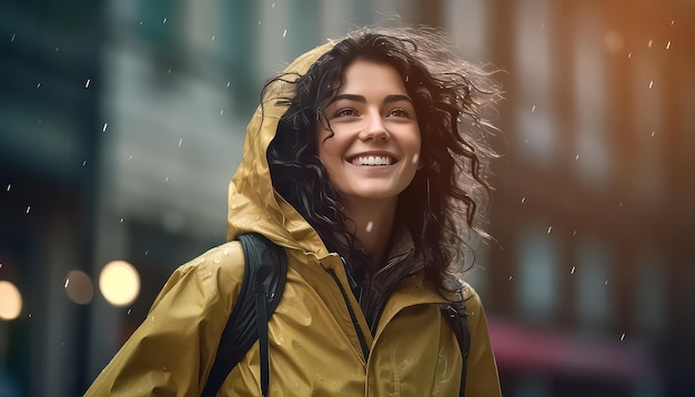 Une femme riant sous la pluie dans une veste imperméable et une cape 8 mars Journée mondiale de la femme