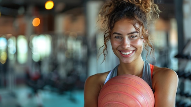 Une femme riante fête seule après avoir marqué un panier dans une salle de sport.