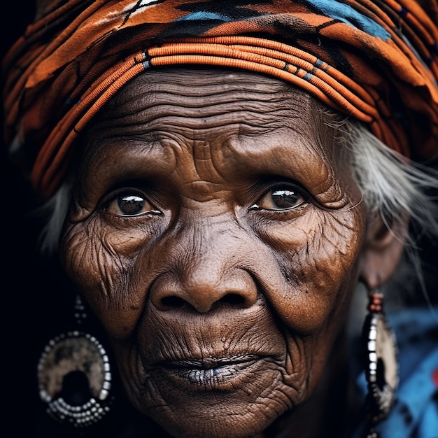 Une femme avec des rides sur le visage et une coiffe colorée.