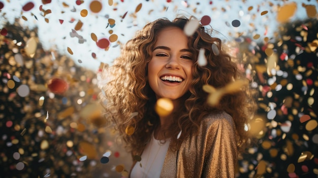 Une femme rit et a beaucoup de confettis sur son visage.