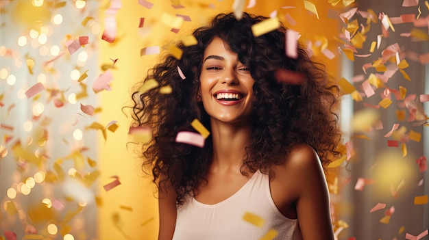 Une femme rit et a des confettis sur ses cheveux.