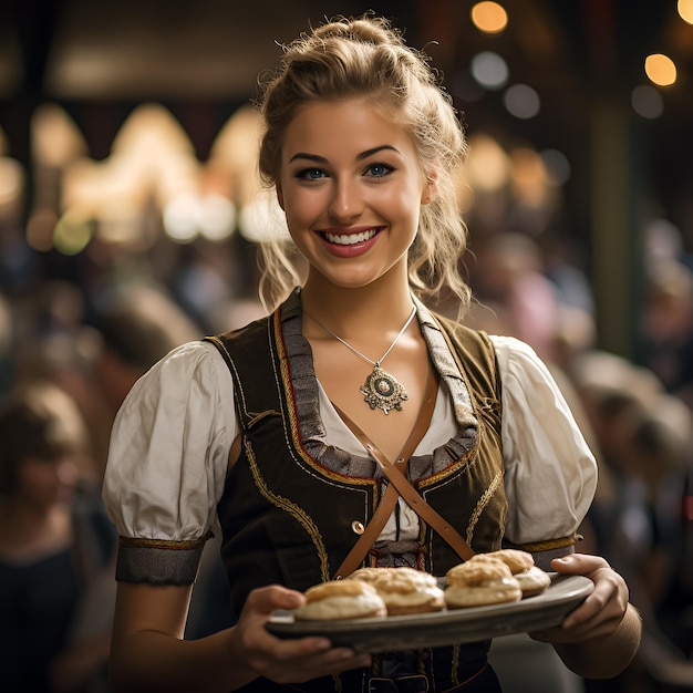 une femme en robe avec une assiette de biscuits.