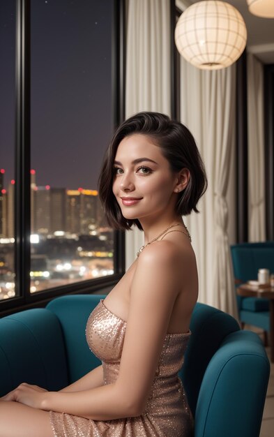 Photo une femme en robe assise sur une chaise bleue dans une pièce avec une vue sur une ville la nuit et une fenêtre