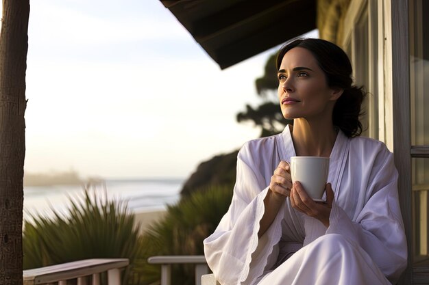 Photo une femme en robe de bain est assise sur un balcon surplombant l'océan