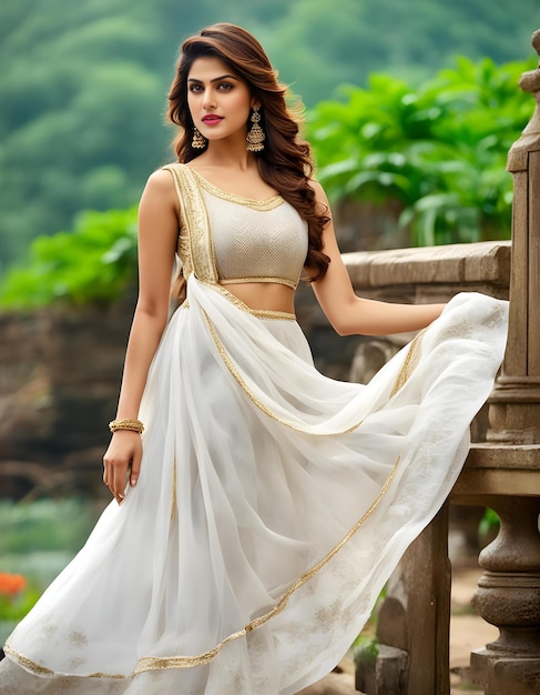 Photo une femme en robe blanche avec des accents dorés est assise sur une balustrade