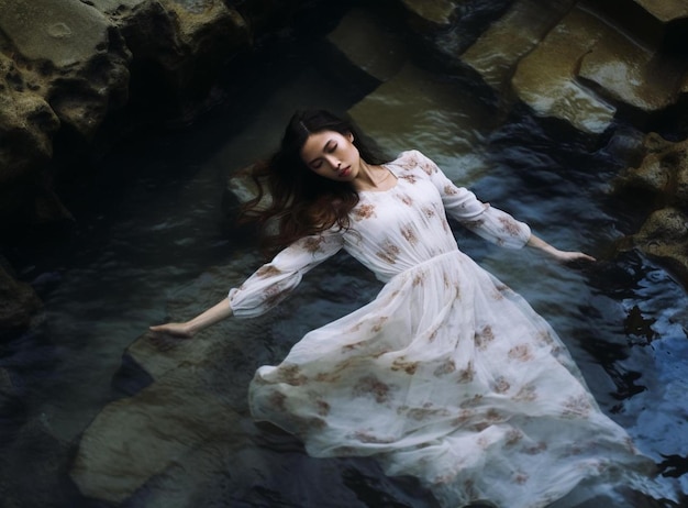 une femme en robe blanche allongée dans l'eau