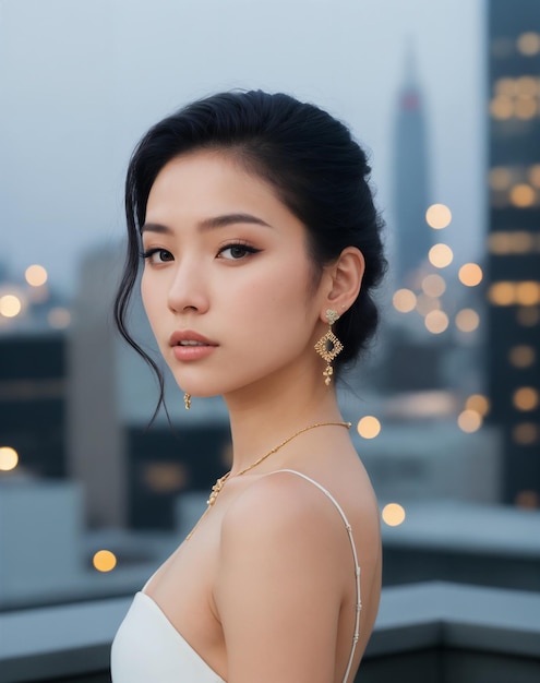 Une femme avec une robe blanche et des boucles d'oreilles en or se tient sur un toit.