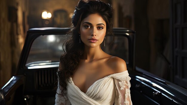 une femme en robe blanche avec une ceinture blanche sur la tête