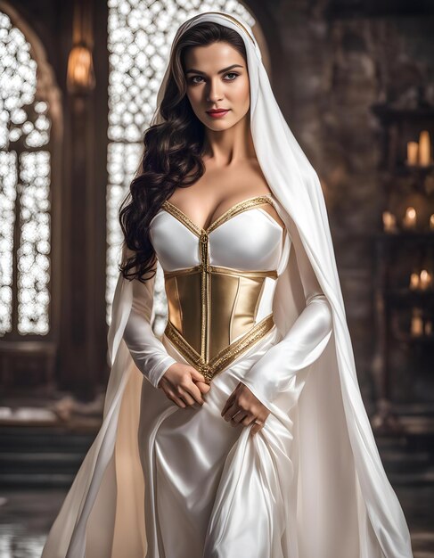 une femme en robe blanche avec une ceinture d'or et un voile blanc