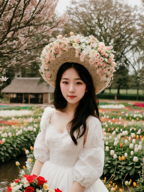 Une femme en robe blanche avec un chapeau fleuri