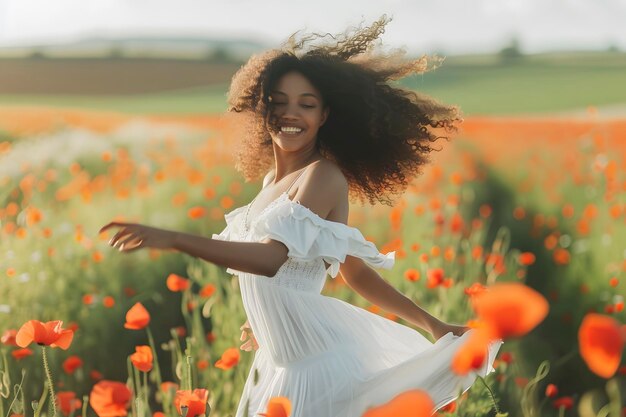 Photo une femme en robe blanche court à travers un champ de fleurs rouges.