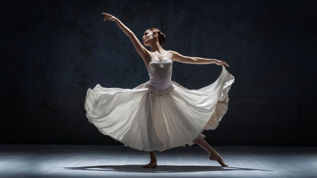 une femme en robe blanche danse devant un mur