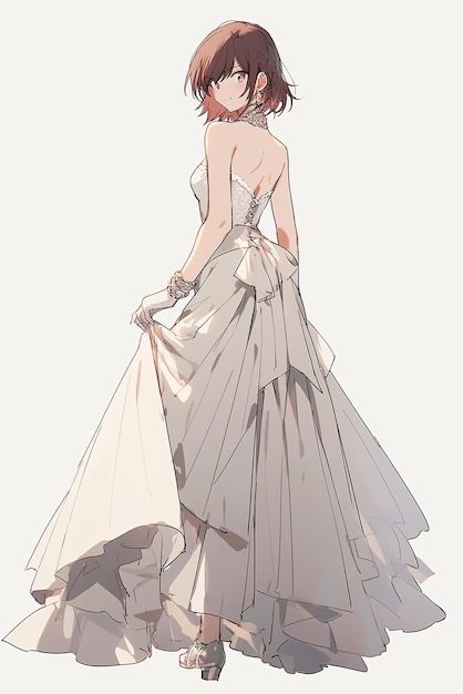 Une femme en robe blanche debout devant un fond blanc Image AI générative
