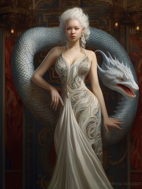 Une femme en robe blanche avec un dragon
