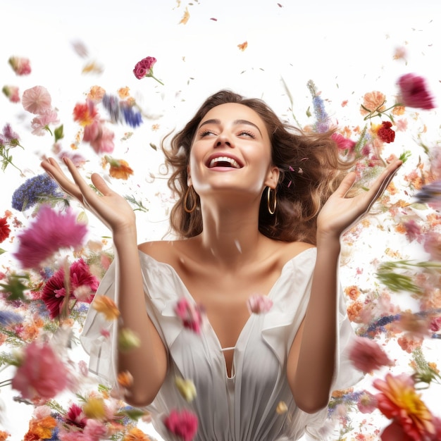 Une femme en robe blanche entourée de fleurs