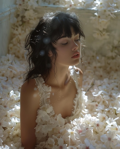 une femme en robe blanche est allongée dans un lit de fleurs